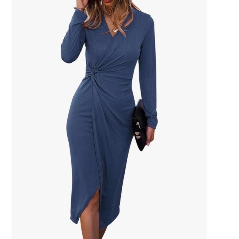 Shibever Womens Midi Dress Blue Ribbed Knit Twist Front Bodycon Draped Large NWT
